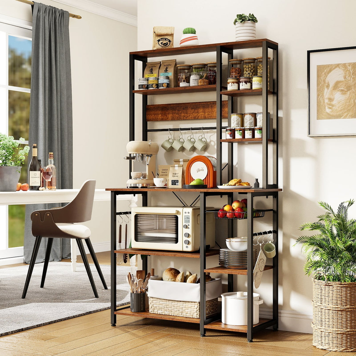 6-Tier Bakers Rack with Power Outlet Stand Wooden Open Shelves-Rusticbrown view 6