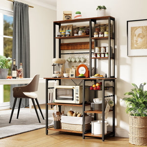 6-Tier Bakers Rack with Power Outlet Stand Wooden Open Shelves-Rusticbrown view 6