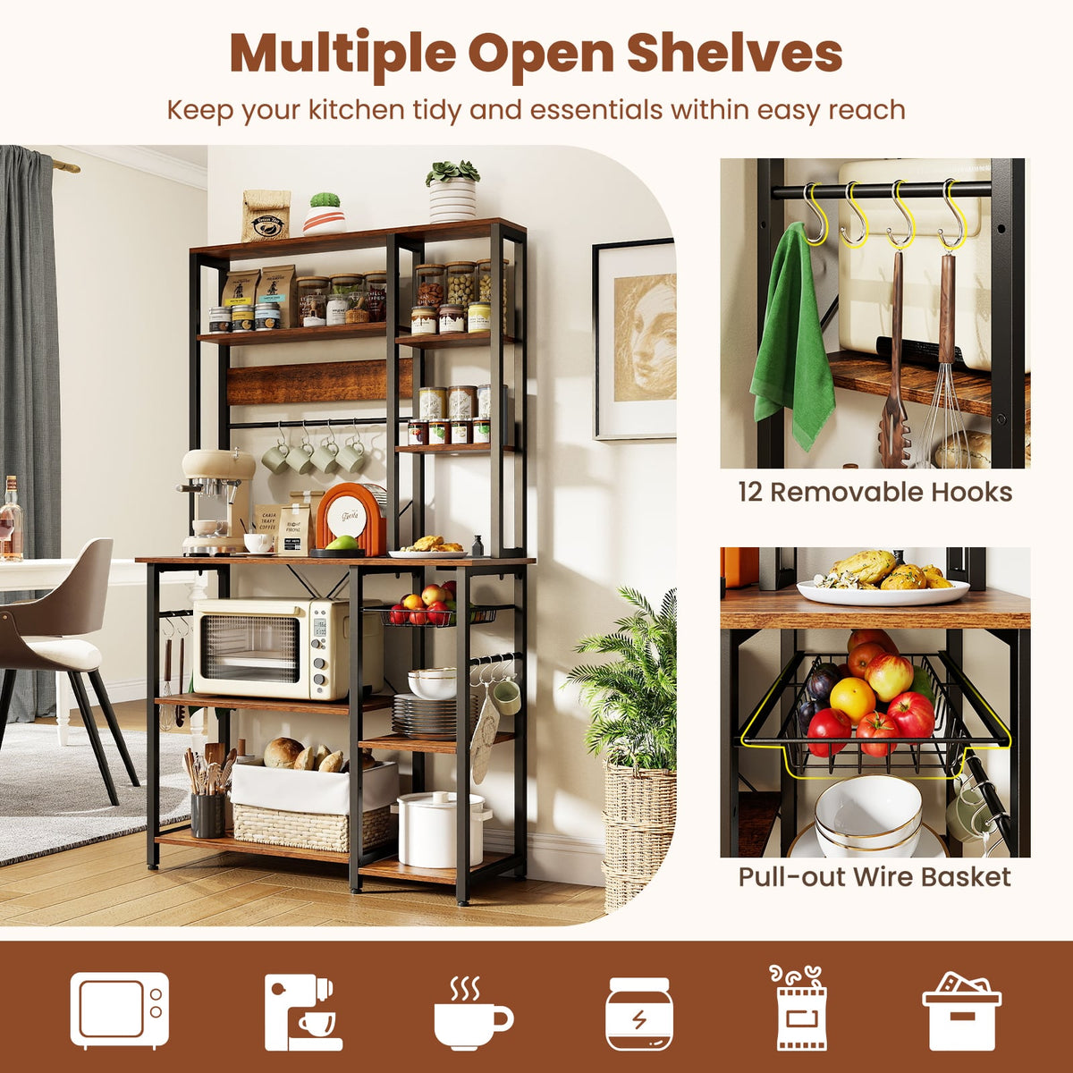 6-Tier Bakers Rack with Power Outlet Stand Wooden Open Shelves-Rusticbrown view 7