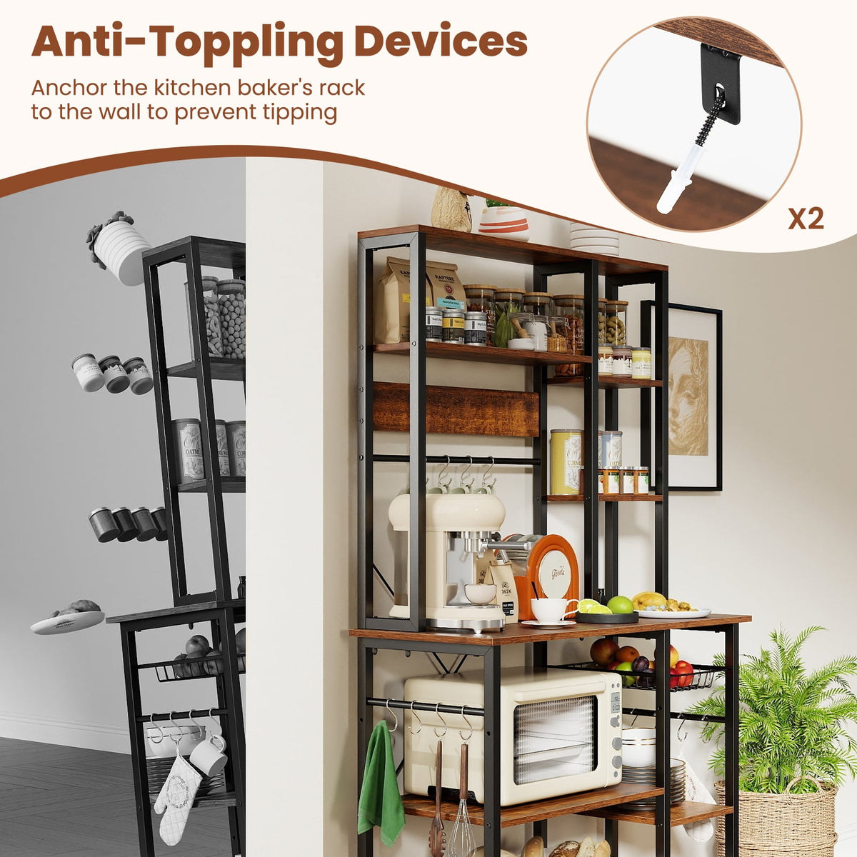 6-Tier Bakers Rack with Power Outlet Stand Wooden Open Shelves-Rusticbrown view 8