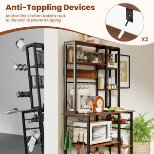 6-Tier Bakers Rack with Power Outlet Stand Wooden Open Shelves-Rusticbrown view 8