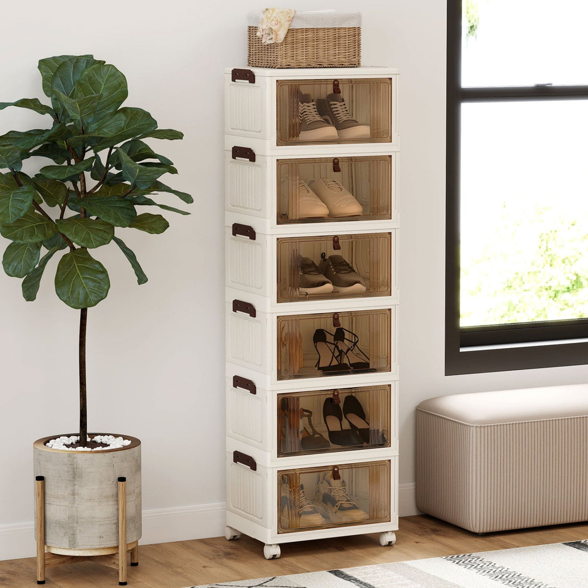 6-Tier Stackable Shoe Box with Lid Doors and Lockable Wheels-White view 2
