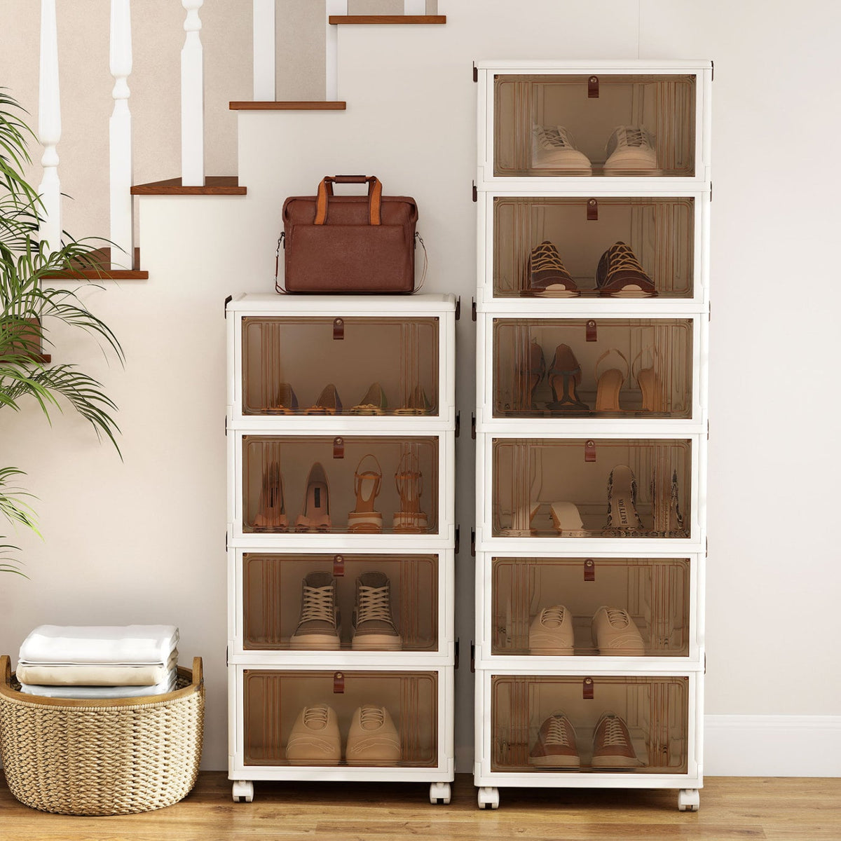 6-Tier Stackable Shoe Box with Lid Doors and Lockable Wheels-White view 3