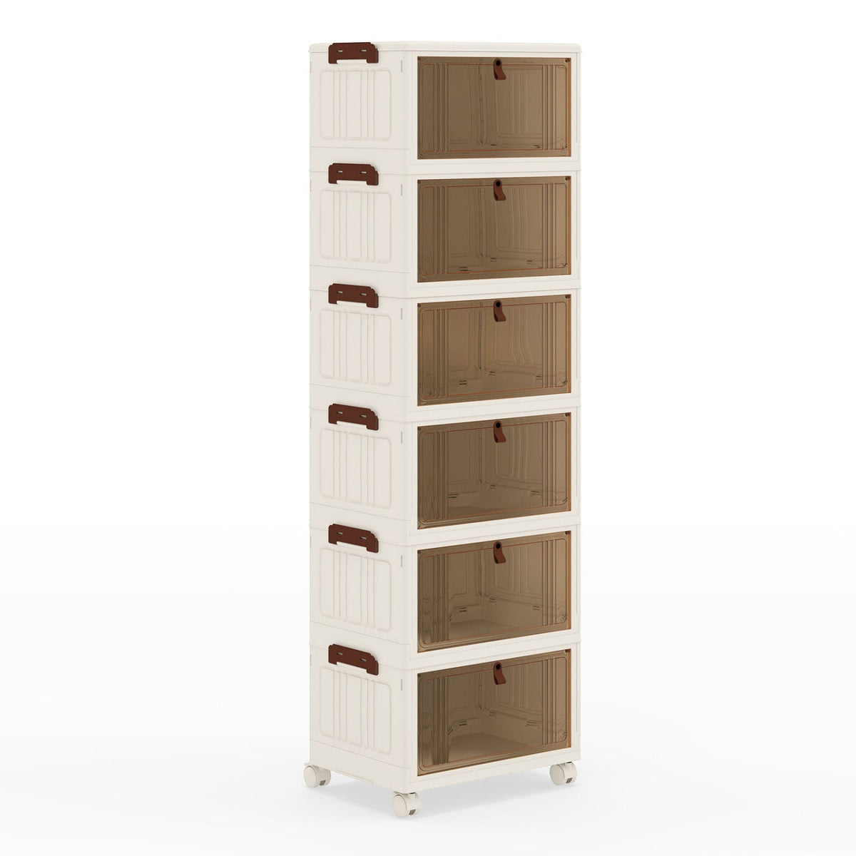 6-Tier Stackable Shoe Box with Lid Doors and Lockable Wheels-White