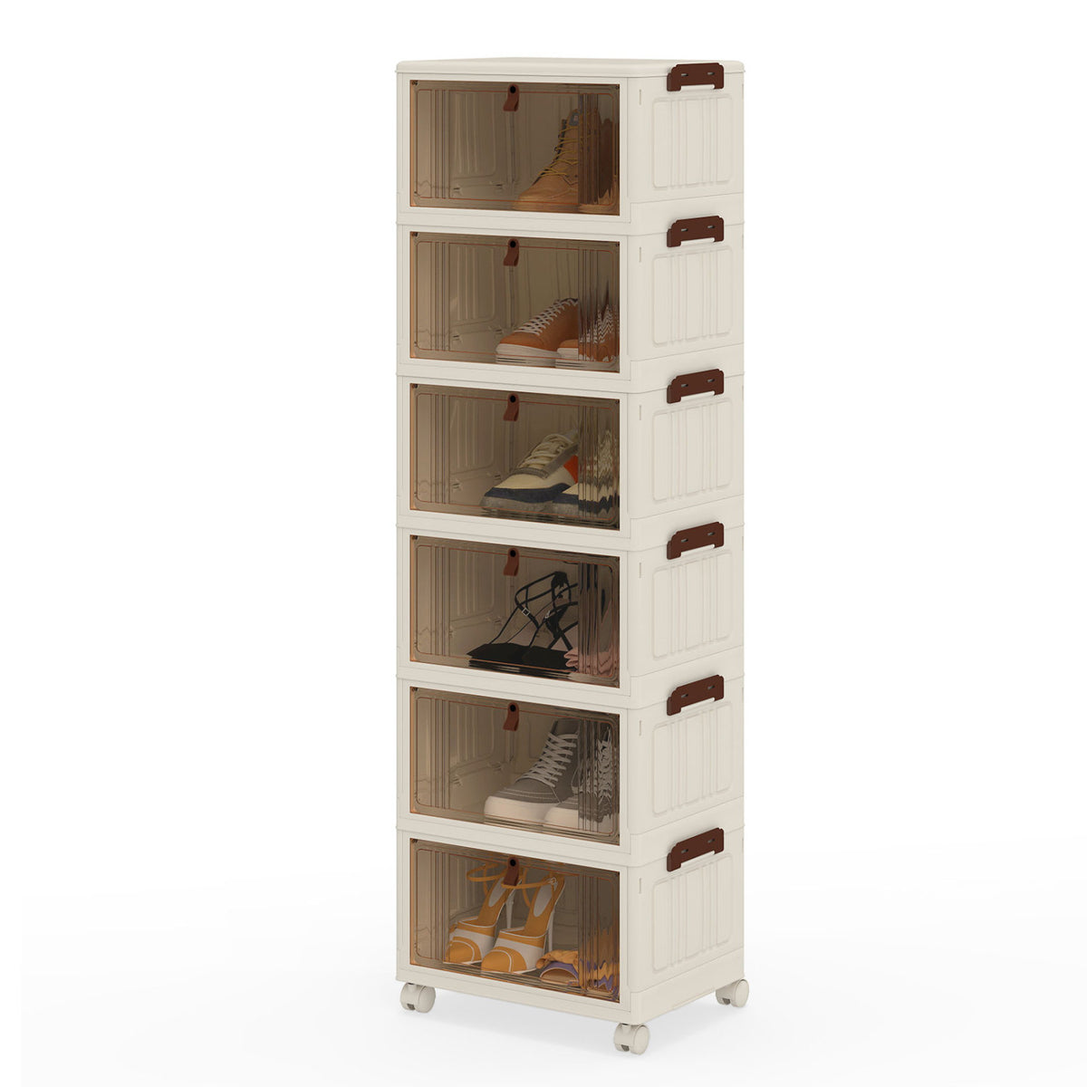 6-Tier Stackable Shoe Box with Lid Doors and Lockable Wheels-White view 4