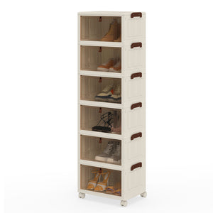 6-Tier Stackable Shoe Box with Lid Doors and Lockable Wheels-White view 4