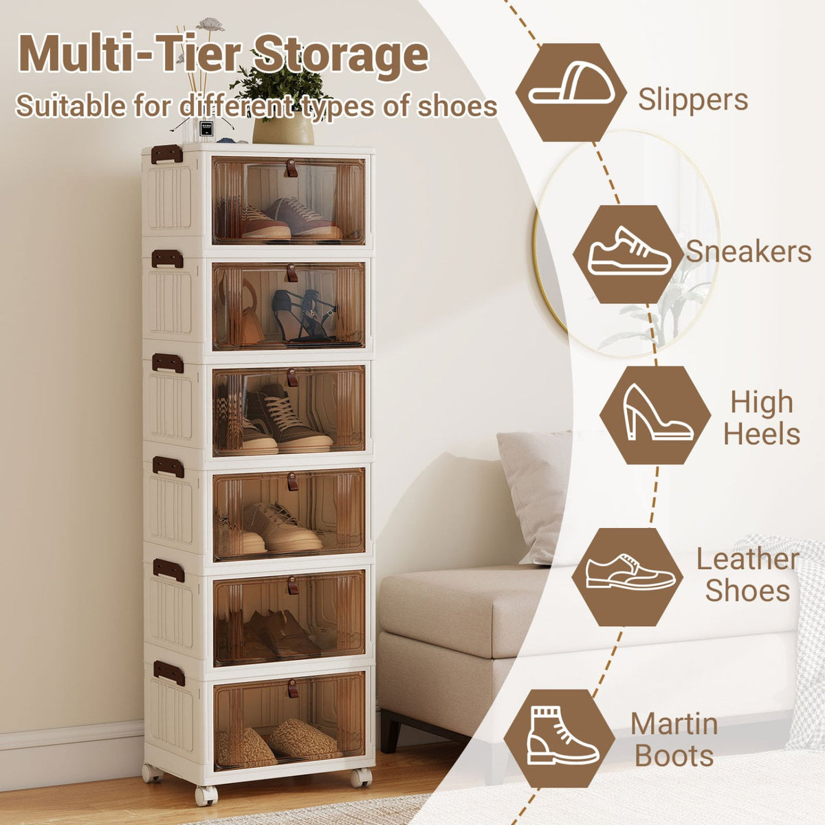 6-Tier Stackable Shoe Box with Lid Doors and Lockable Wheels-White view 6