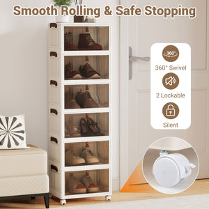 6-Tier Stackable Shoe Box with Lid Doors and Lockable Wheels-White view 7