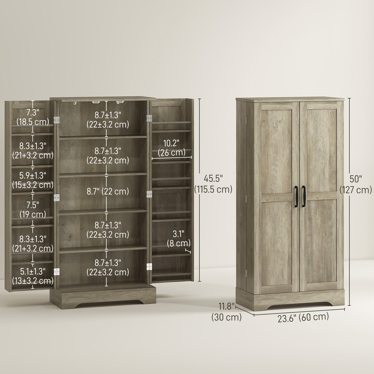 50" Pantry Storage Cabinet, Farmhouse Kitchen Pantry Cabinet with Doors, Adjustable Shelves, Distressed Grey