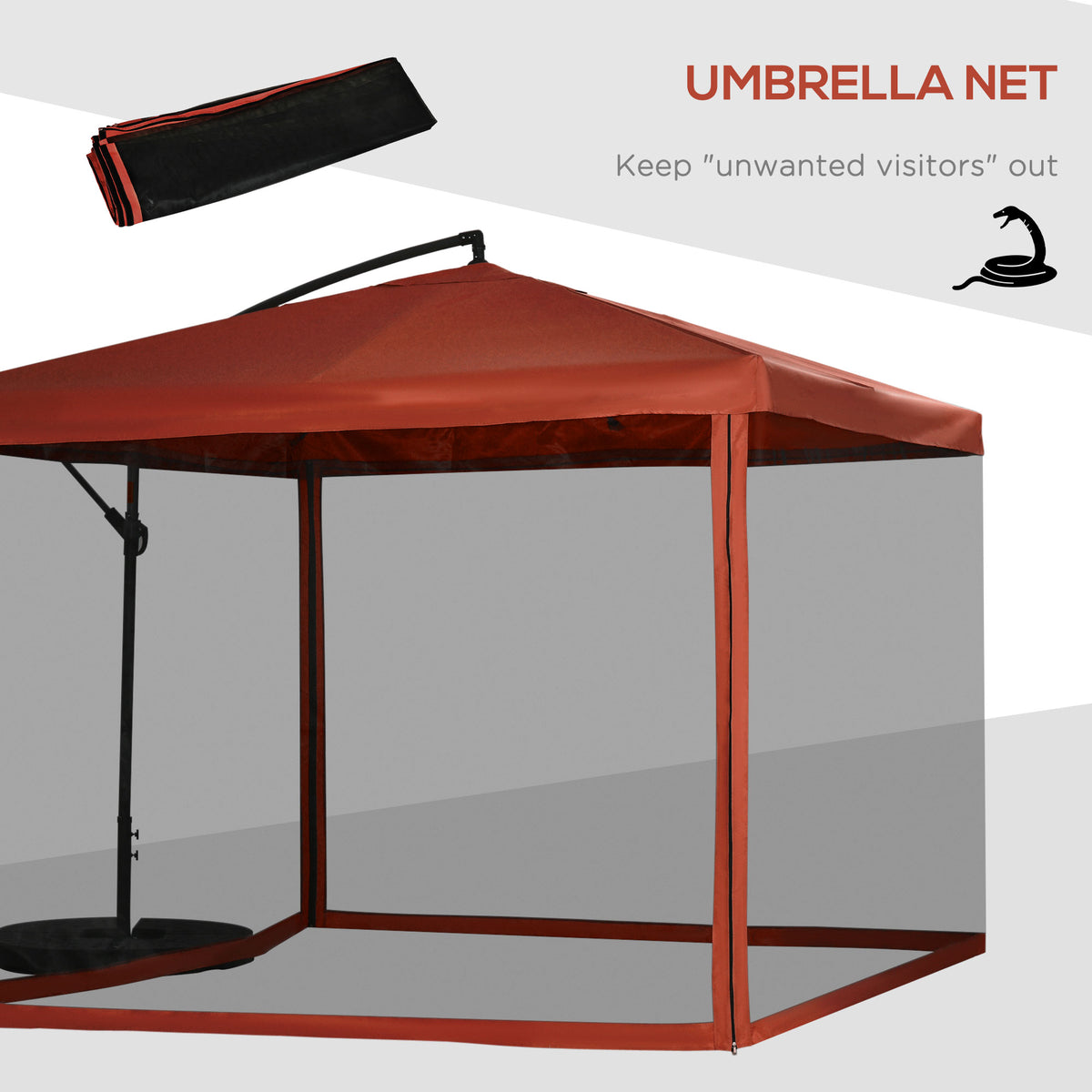 Offset Patio Umbrella with Net and Umbrella Base, Adjustable Cantilever Canopy with Cross Base, Weight Plates and 8 Ribs for Backyard, Poolside, Garden, Wine Red