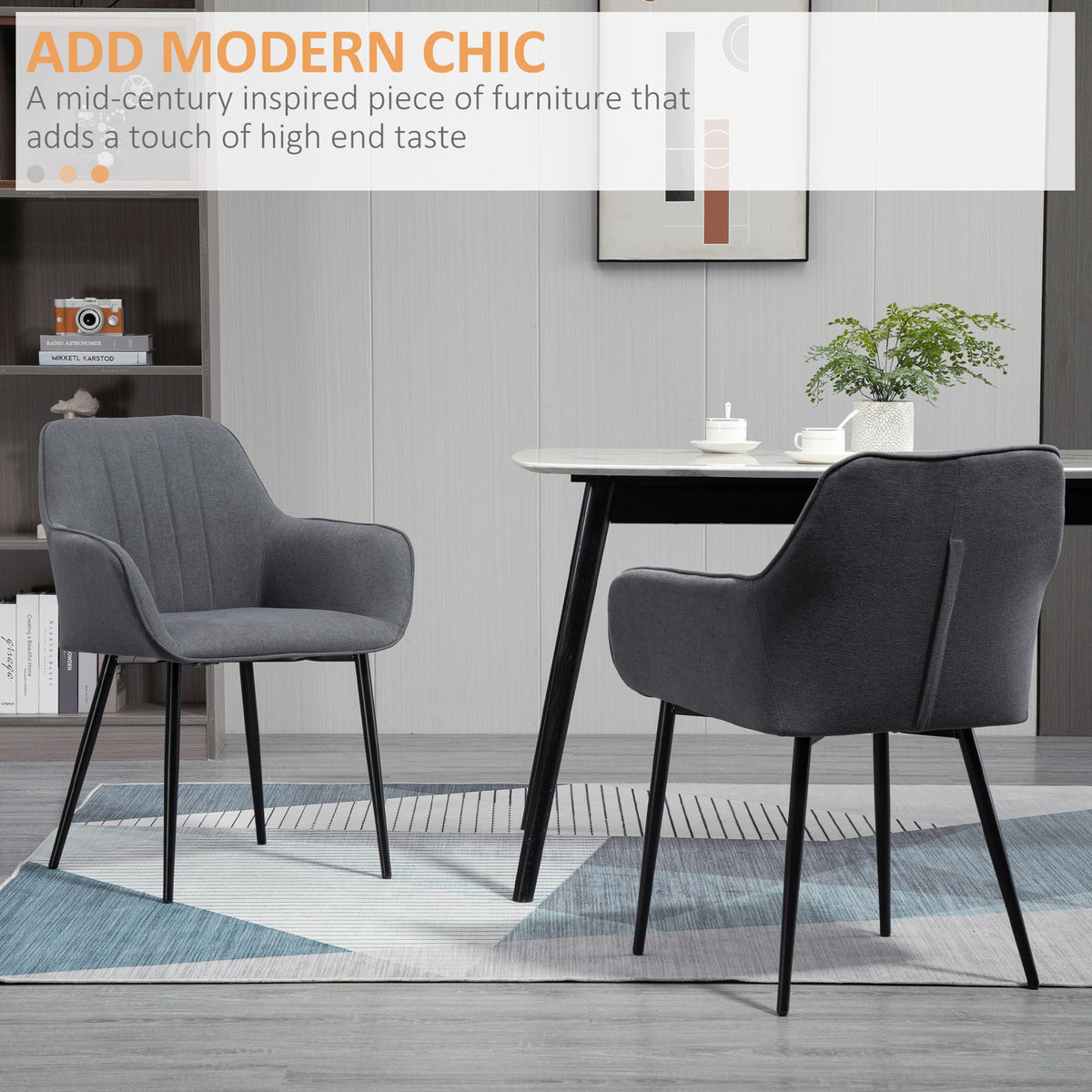 Dining Chairs Set of 2, Linen Upholstery Accent Chair with Back, Armrest, Metal Legs, Dark Grey – view 3