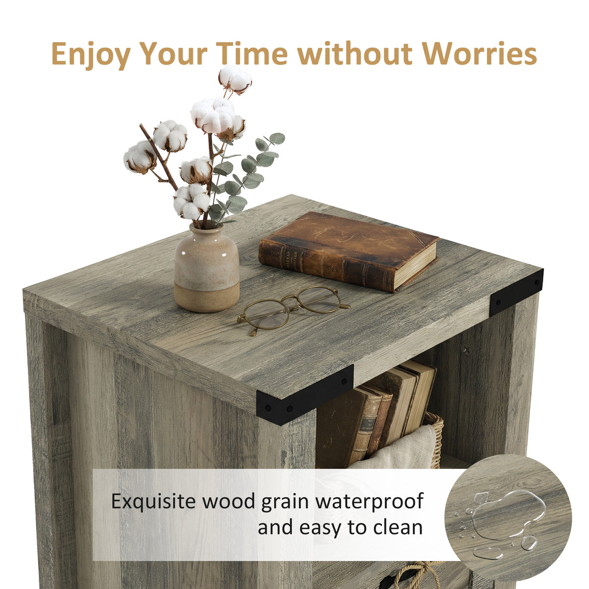 Side Table with Storage, Farmhouse End Table with Drawer, Open Shelf and Barn-style Panel – view 10