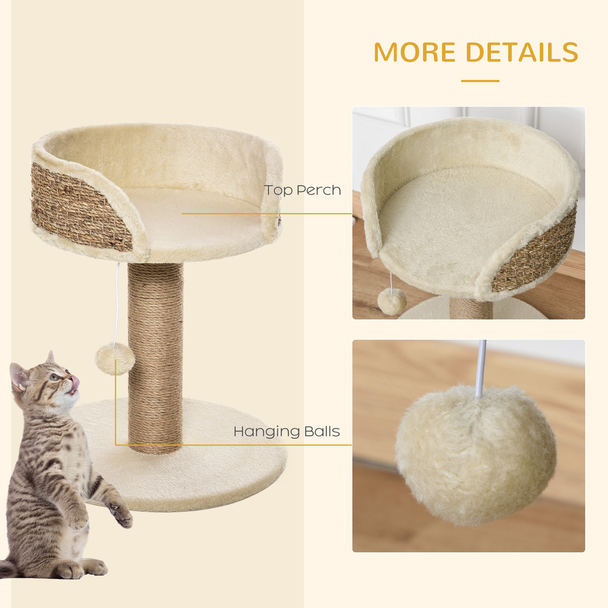 Cat Tree with Scratching Post, Toy Ball, Perch, Small Cat Tower for Indoor Cats - 16" x 16" x 19", Beige – view 4