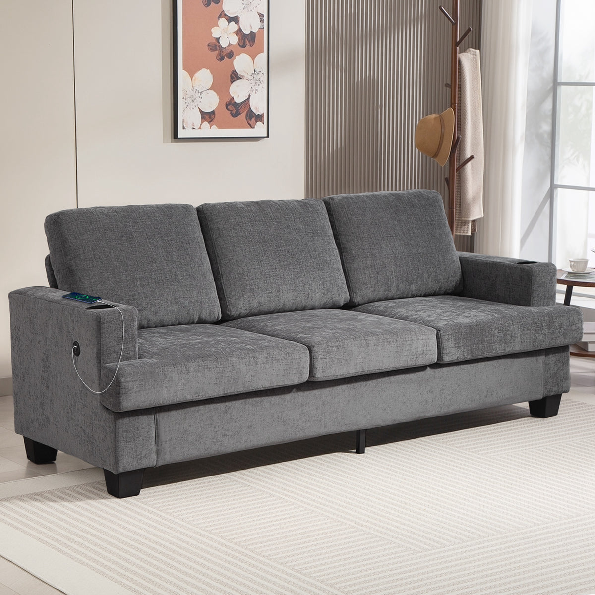 3 Seater Sofa with USB Ports & Cup Holders, Chenille-Feel Upholstered Couch for Living Room, Grey – view 7