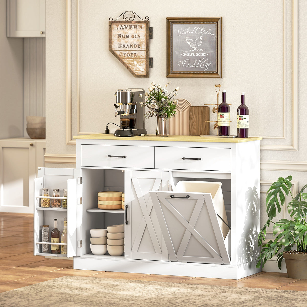 7 Gallon Tilt Out Garbage Cabinet, Kitchen Island with Charging Station, 2 Drawers, 4 Door Racks, Black – view 14