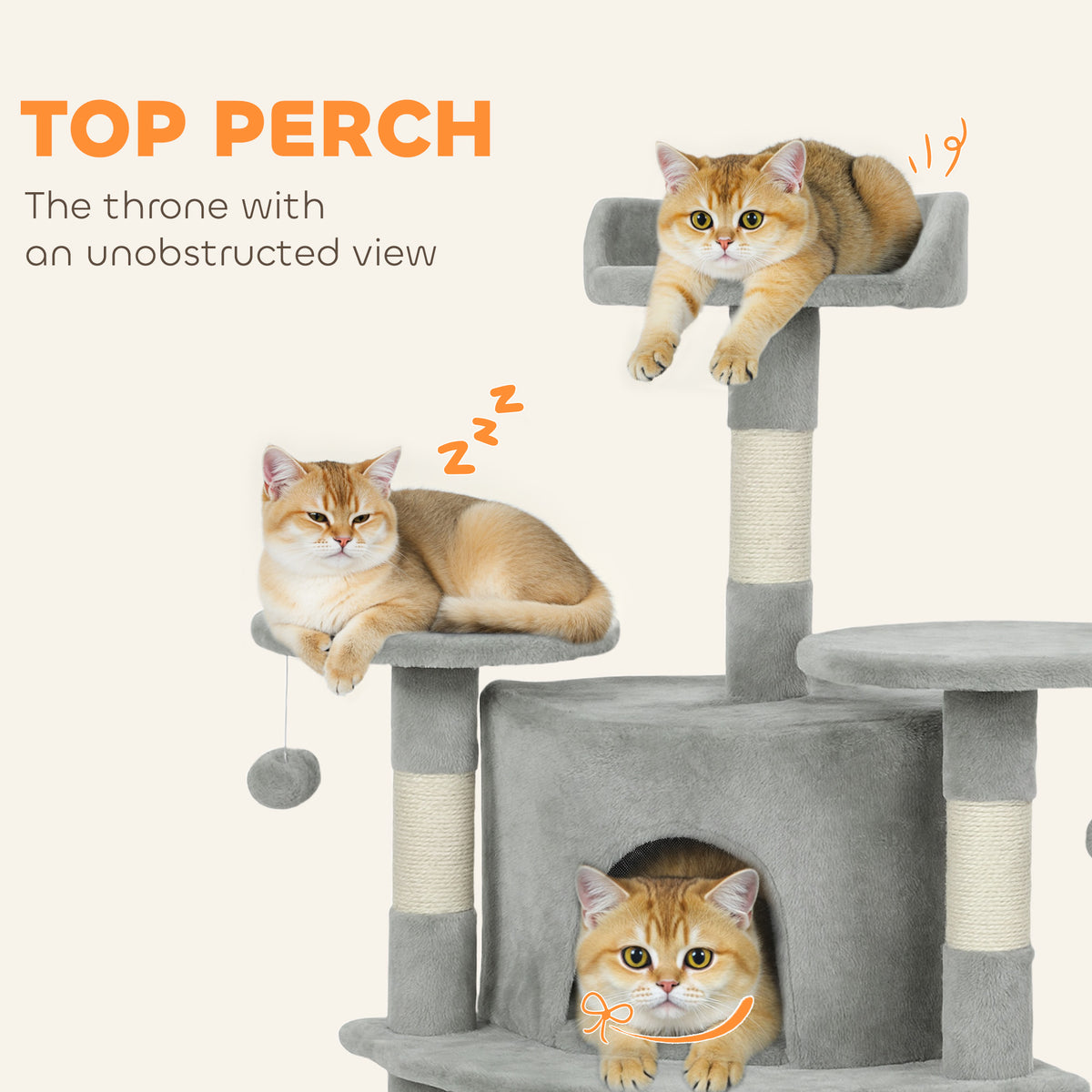 62" Cat Tree with Scratching Post, 2 Condos, Hammock, Perches, Plush, Pompoms, for Indoor Cats, Beige – view 19