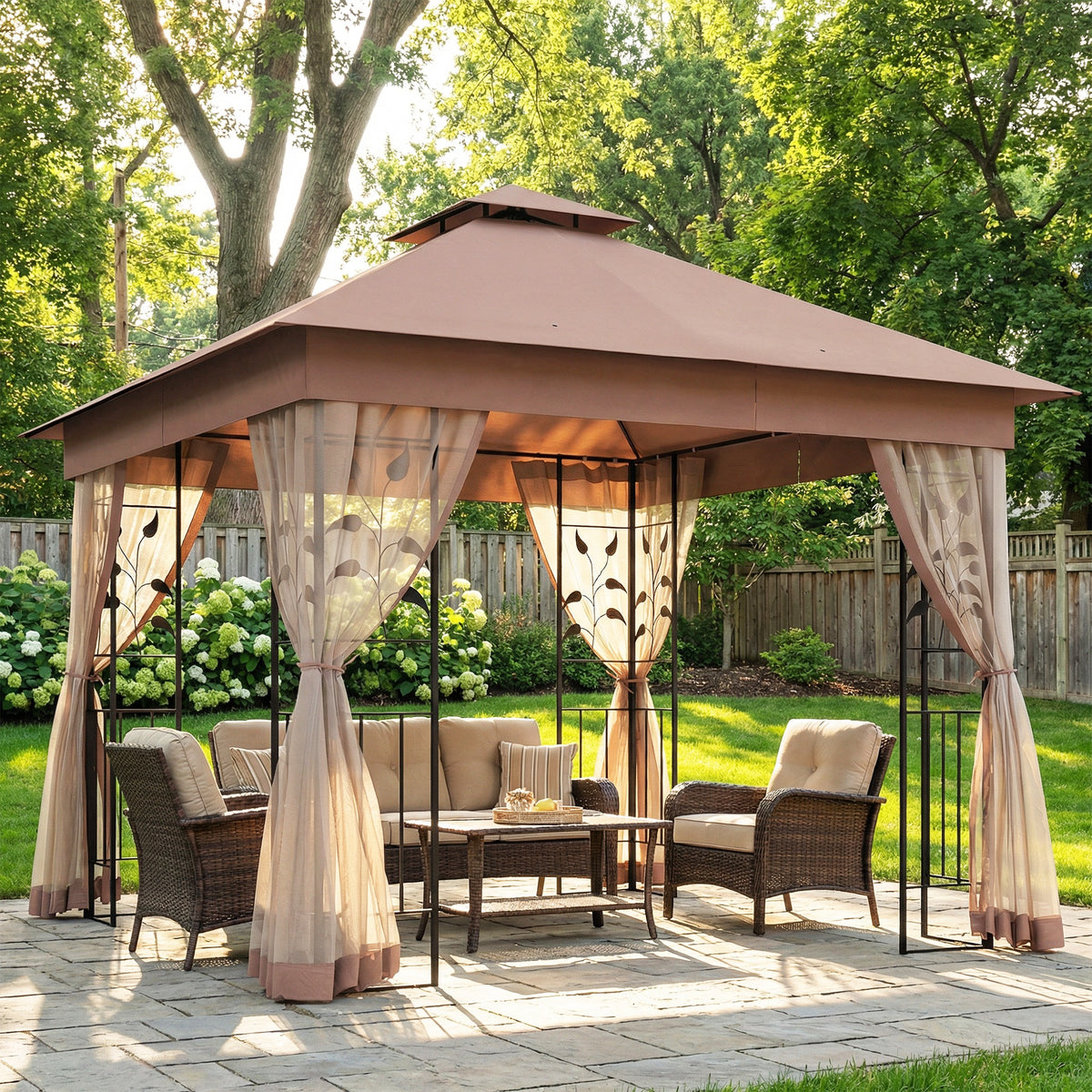 10'x10' Soft-top Steel Patio Gazebo Outdoor Sun Shelter with 2-Tier Polyester Roof, Curtain Sidewalls, Beige – view 35
