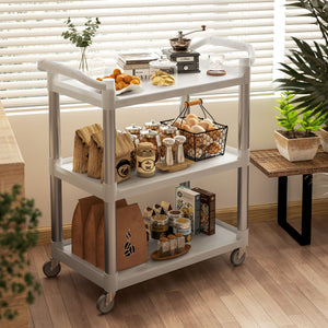 3-Tier Utility Cart Large Rolling Storage Trolley with 3 Shelves Metal Clean Service Cart, Restaurant, Hotel, Livingroom, Silver and Grey