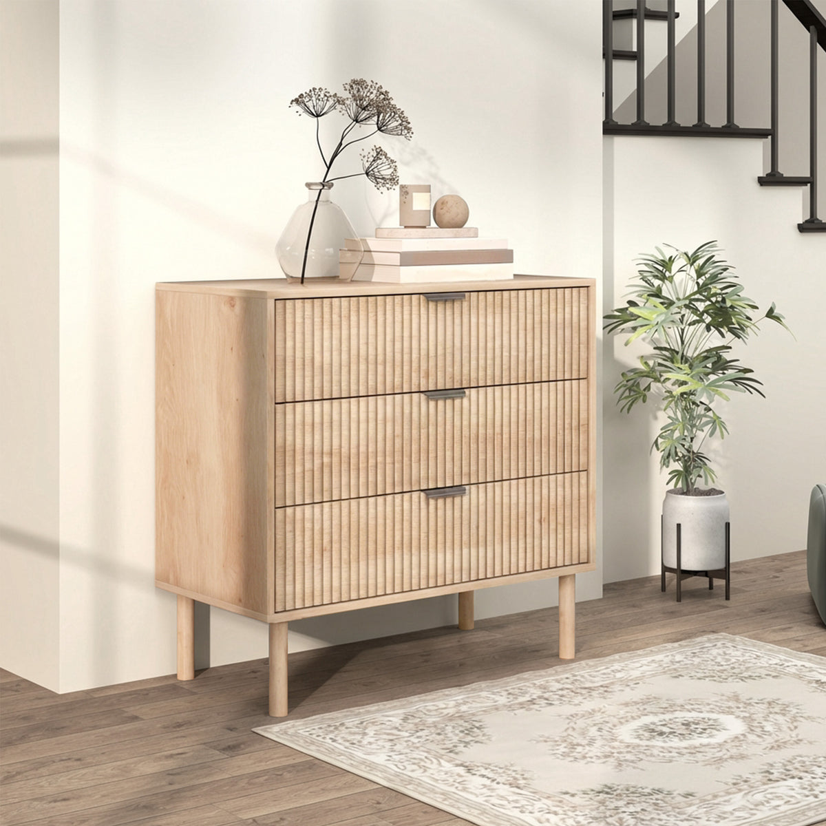 Bedroom Chest of Drawers, 3 Drawer Dresser with Fluted Panels and Solid Wood Legs, Storage Cabinet for Living Room, Oak