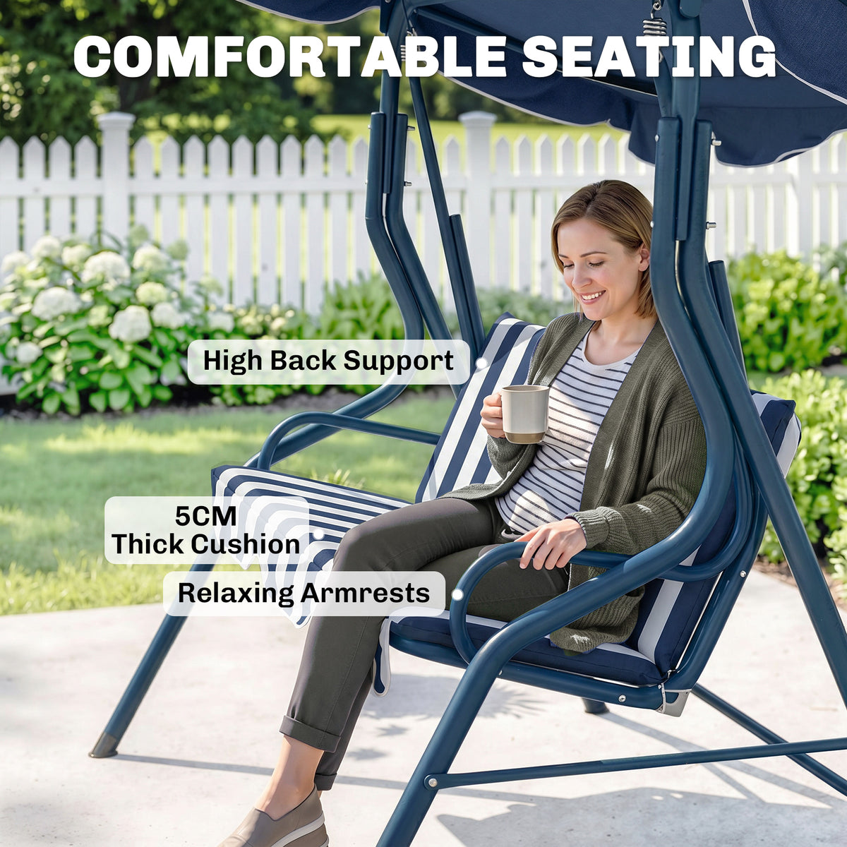 Outdoor Porch Swing with Adjustable Canopy, 3-Seater Patio Swing Chair with Cushion, Black – view 13