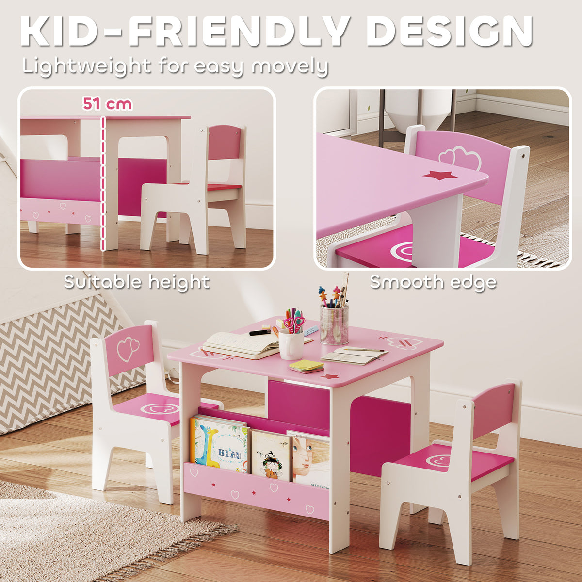Qaba 3 Pieces Kids Table and Chair Set with Bookshelves, for Classroom, Home, Nursery, Playroom, for Read, Draw, Art, Pink