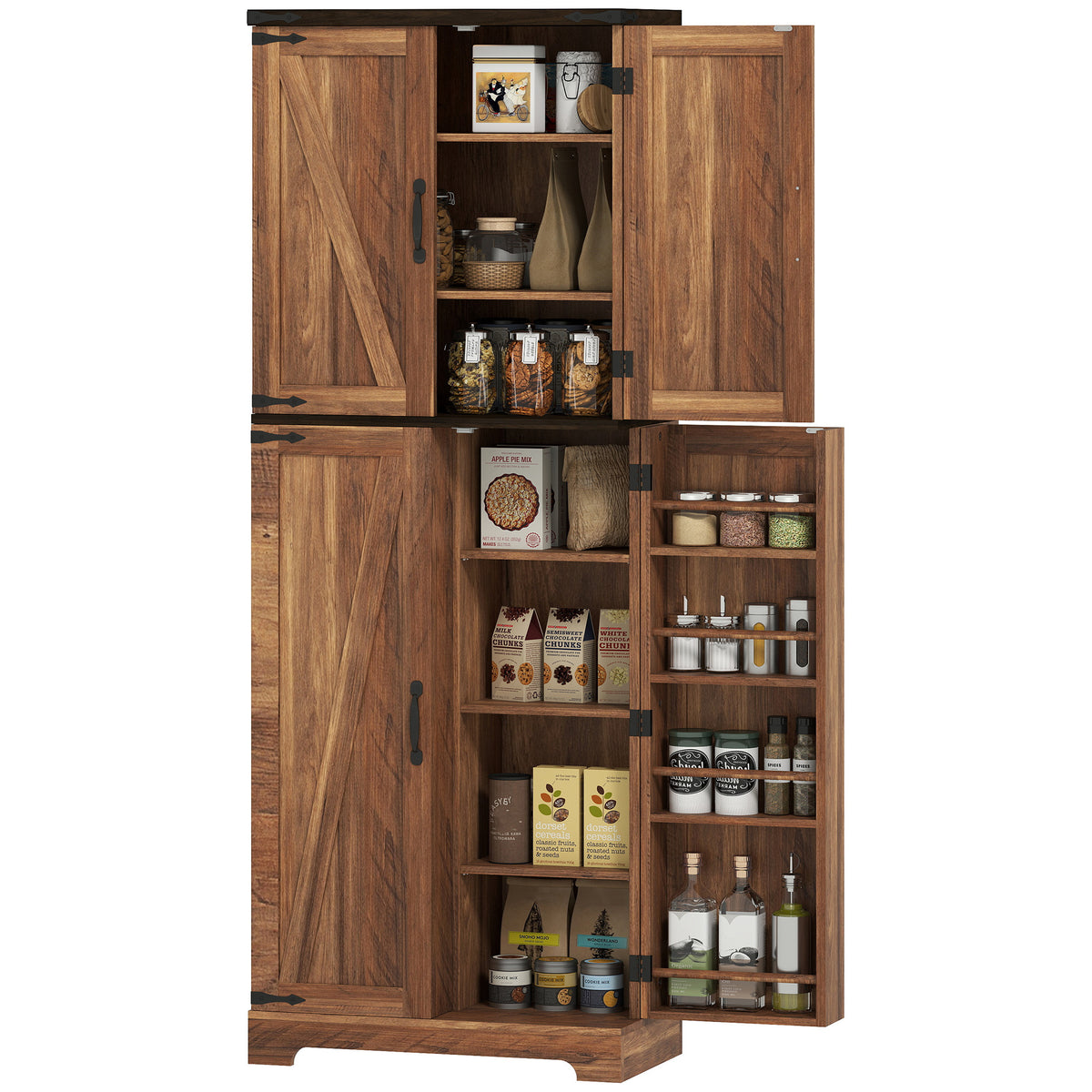 64" Tall Kitchen Pantry Cabinet with Spice Racks and Adjustable Shelves, Black Wood Grain