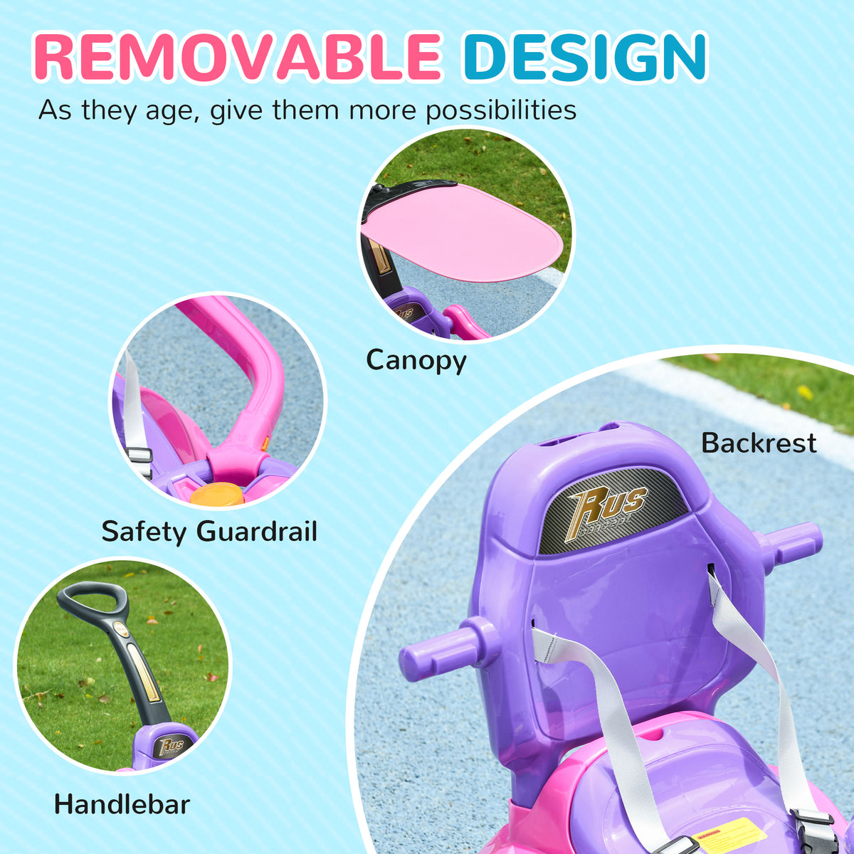 Qaba 3 in 1 Kids Push Car Toddler Sliding Car, Foot to Floor Design with Music, Light, Handle, Removable Canopy