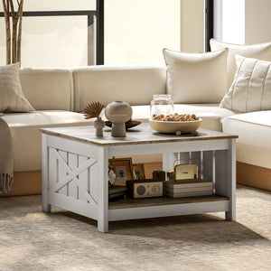 31.5" Square Coffee Table, Farmhouse 2-Tier Center Table for Living Room, Distressed Oak and Brown