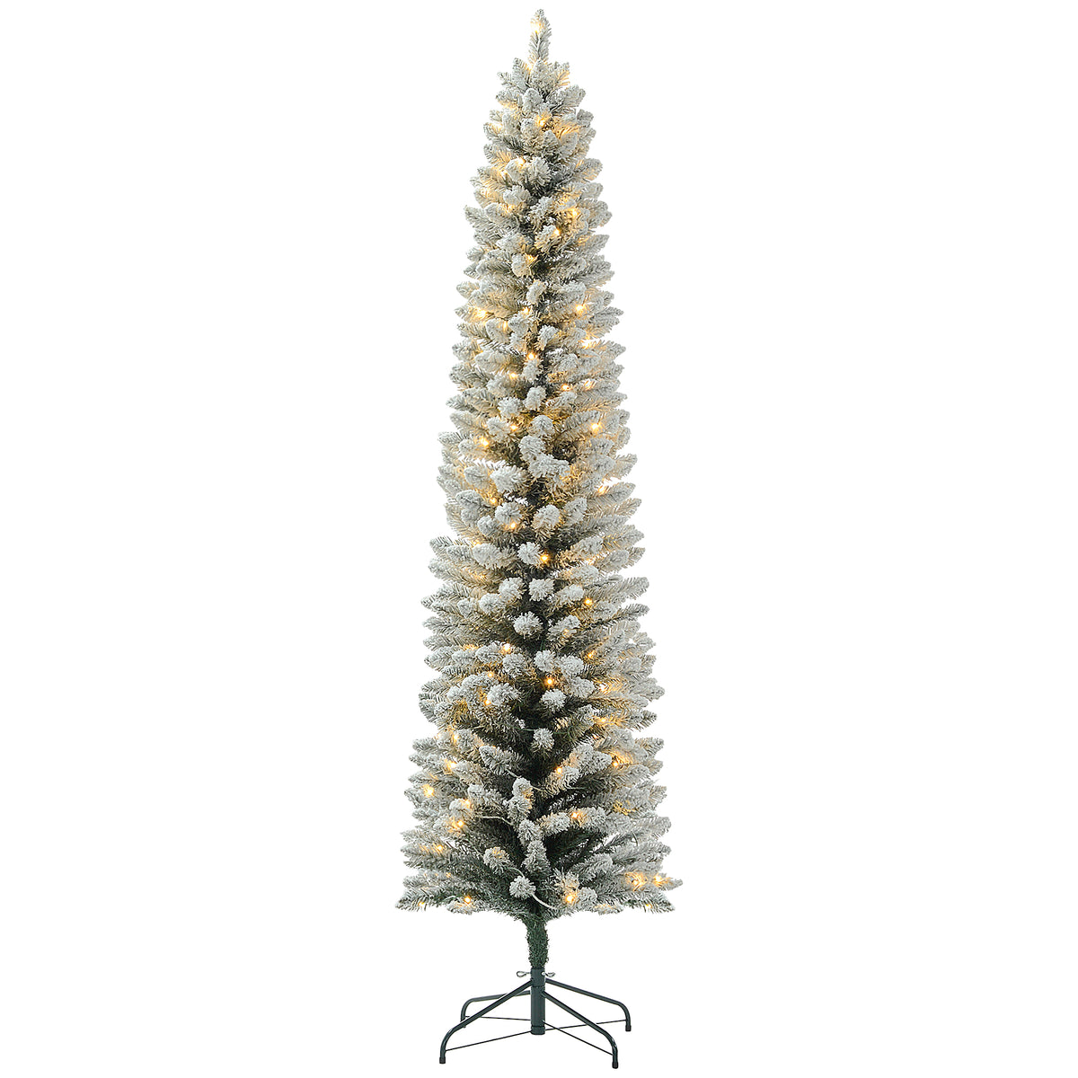 5ft Artificial Prelit Christmas Tree with Warm White LED Light, Snow Flocked Branches, Metal Base, Pencil Xmas Tree