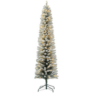 5ft Artificial Prelit Christmas Tree with Warm White LED Light, Snow Flocked Branches, Metal Base, Pencil Xmas Tree
