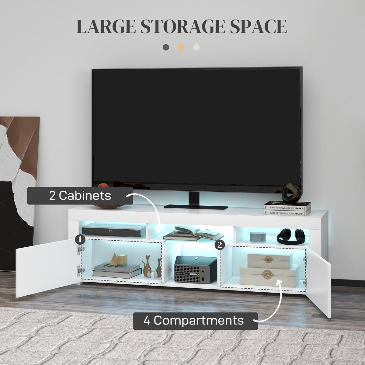 Modern TV Stand with Storage and LED Lights for TVs up to 55", TV Cabinet with Open Compartments, High Gloss White