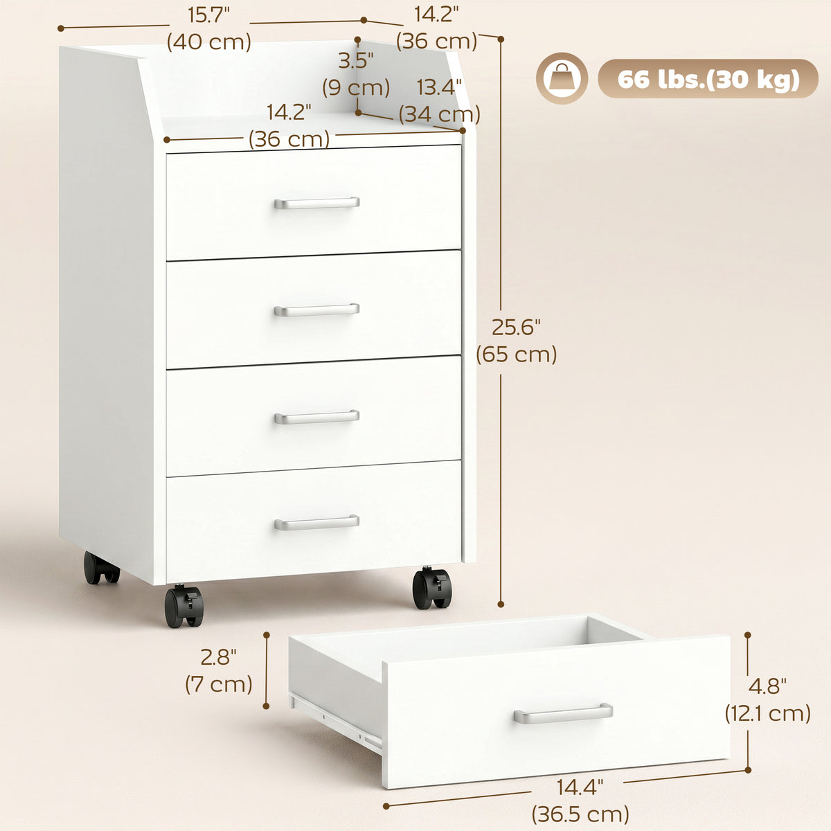 4-Drawer Vertical Mobile Filing Cabinet, File Cabinet with Lockable Wheels for Home Office, White