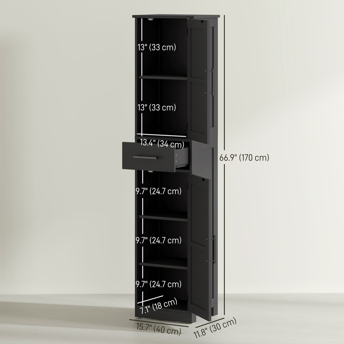 67" Tall Bathroom Cabinet, Narrow Bathroom Storage Cabinet with Drawer, Barn Doors and Adjustable Shelves – view 2