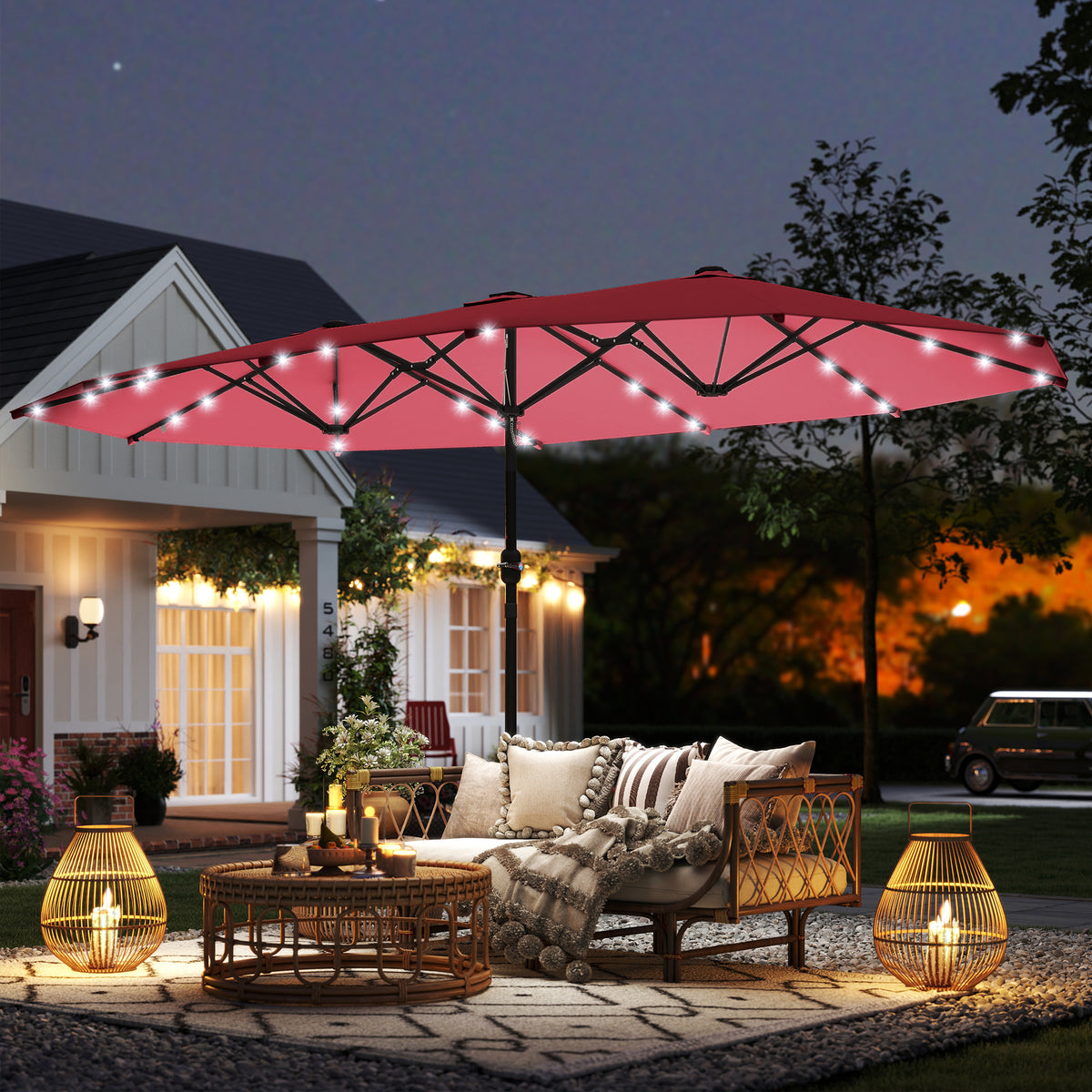 174" Double-Sided Sun Umbrella Garden Parasol Patio Sun Shade Outdoor with LED Solar Light, Khaki – view 28