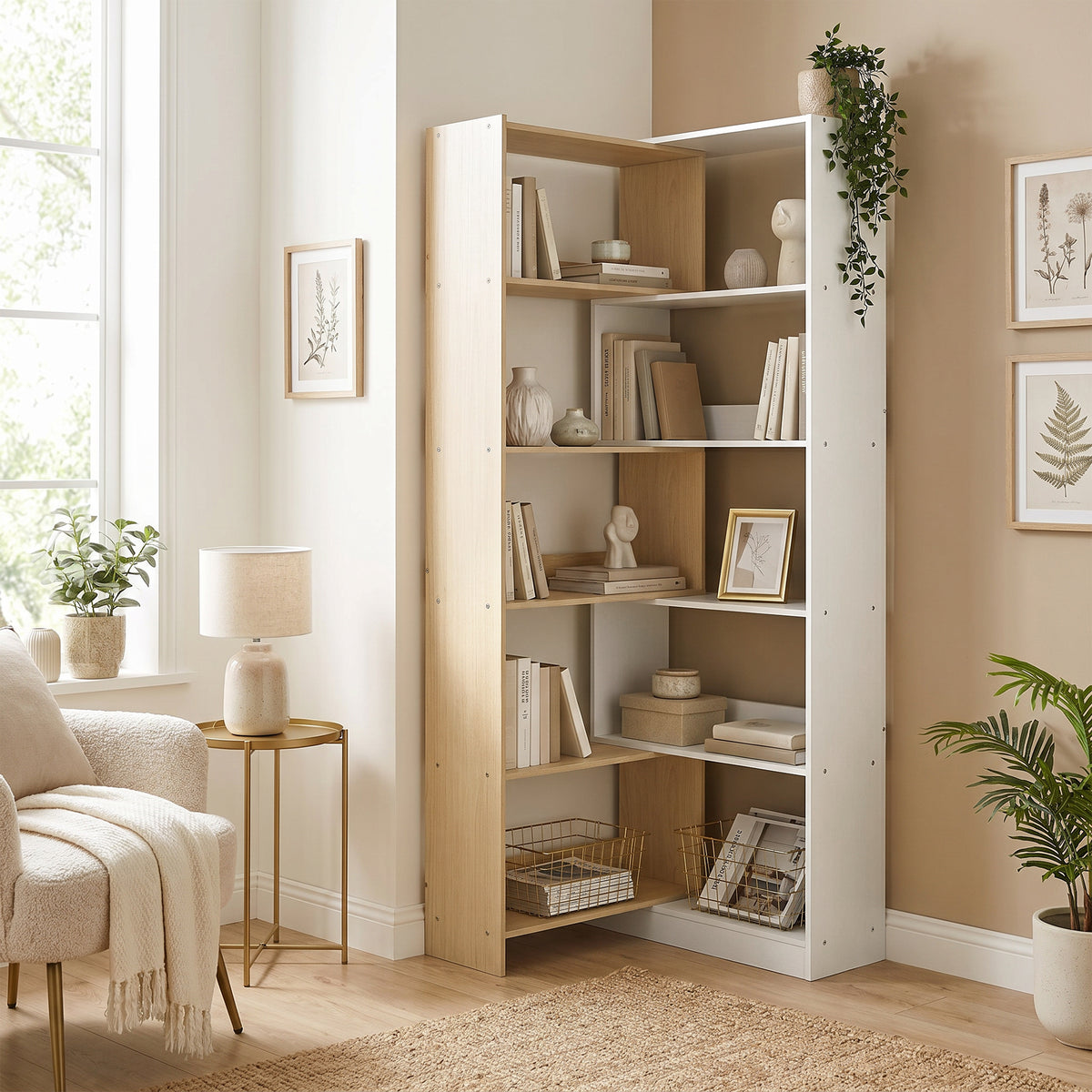 Corner Bookshelf, 5-Tier L-Shaped Bookcase with 350° Rotating Design, Two-Tone Design, Fruitwood/White