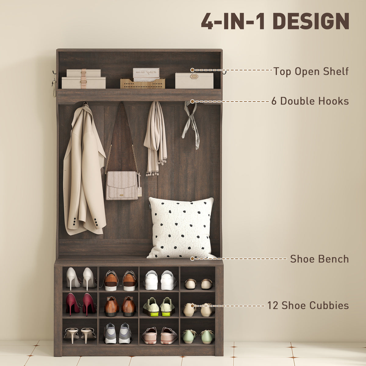4-In-1 Hall Tree with Bench and Shoe Storage, Farmhouse Coat Rack Shoe Bench with 12 Shoe Cubbies, 6 Hooks – view 3
