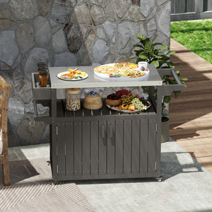 Outdoor Bar Cart with Storage Cabinet, Stainless Steel Outdoor Bar Table Top, Wheeled HDPE Kitchen Island for Food Prep