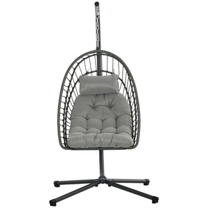 Hanging Egg Chair with Stand, Foldable Wicker Rattan Swing Chair with Thick Cushion, Light Grey