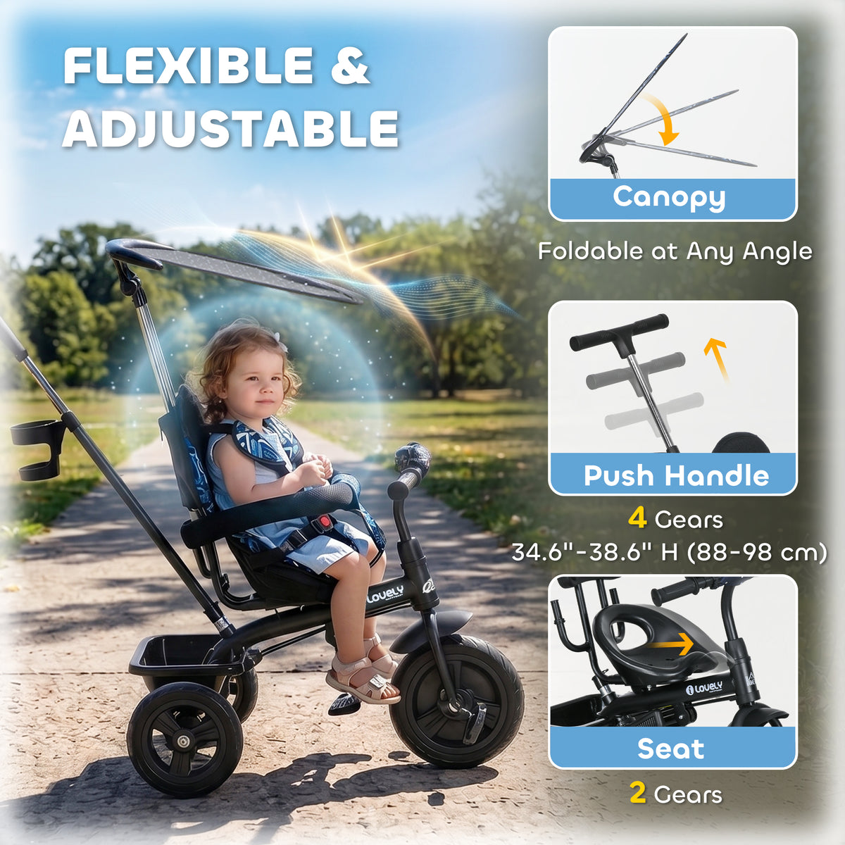Qaba 6 in 1 Kids Tricycle with Removable Handlebar and Canopy, Navy