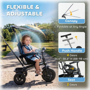Qaba 6 in 1 Kids Tricycle with Removable Handlebar and Canopy, Navy