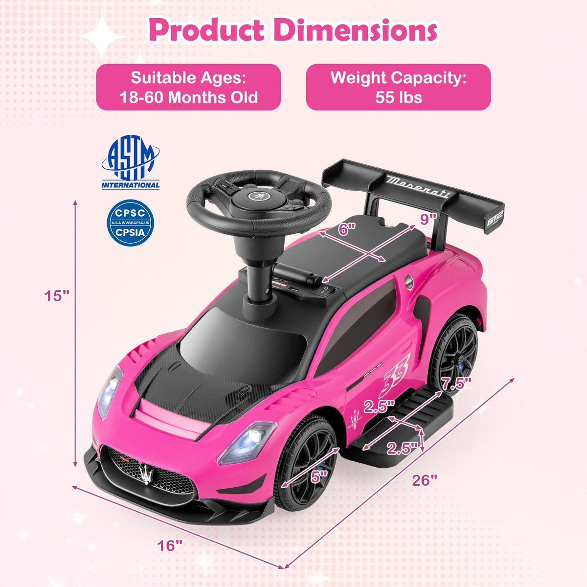 6V Electric Kids Ride on Push Car Maserati Licensed with Foot Pedal and Music-Pink view 5