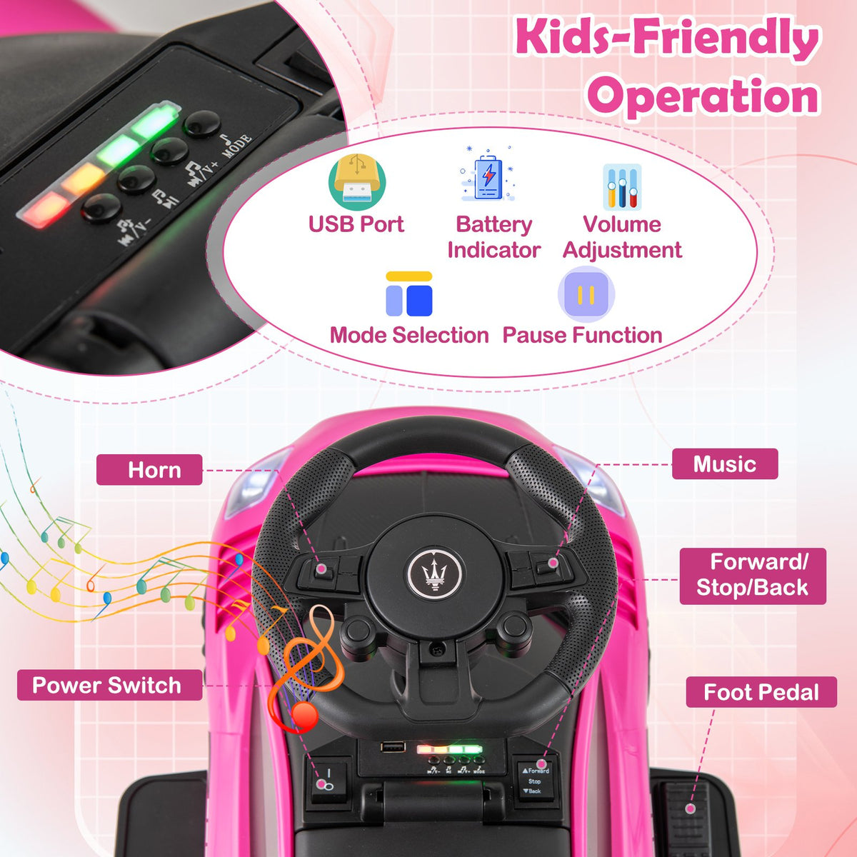 6V Electric Kids Ride on Push Car Maserati Licensed with Foot Pedal and Music-Pink view 7