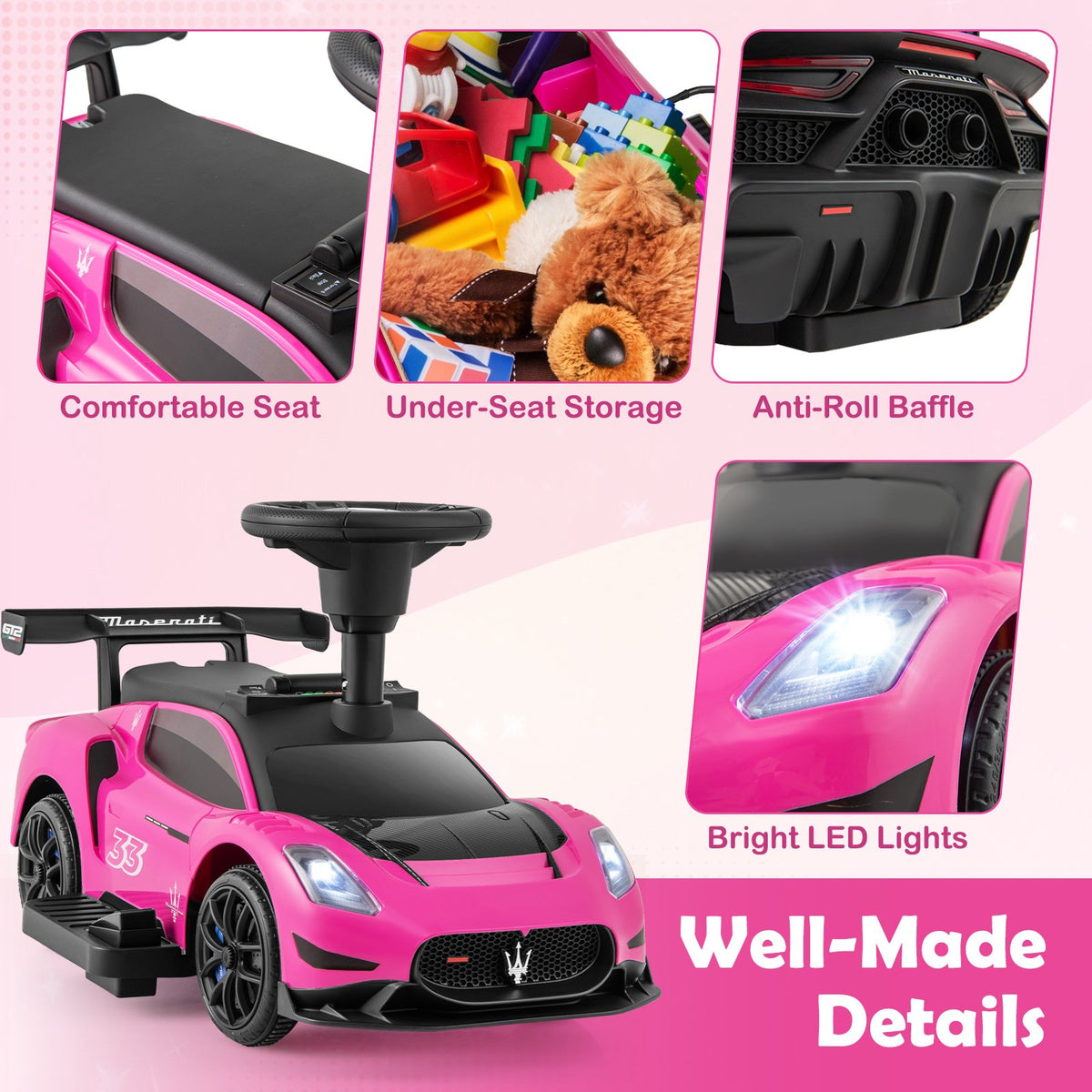 6V Electric Kids Ride on Push Car Maserati Licensed with Foot Pedal and Music-Pink view 8