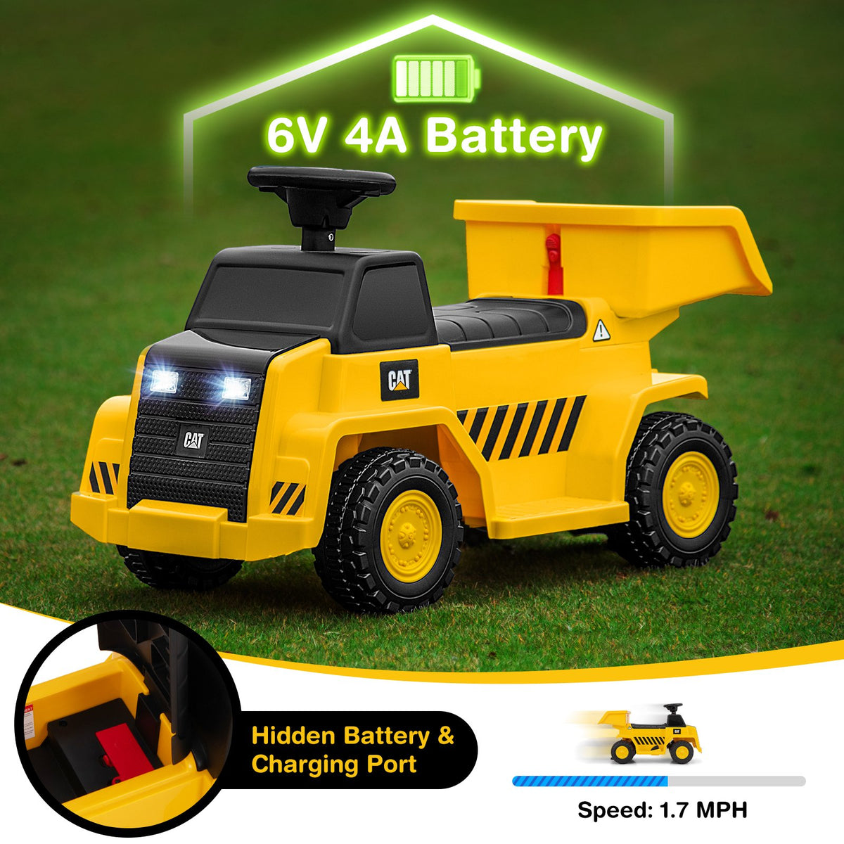 6V Electric Licensed Caterpillar Construction Vehicle with One-Button Start-Yellow view 9