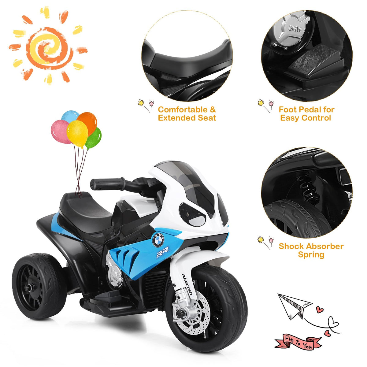 6V Kids 3 Wheels Riding BMW Licensed Electric Motorcycle-Blue view 6