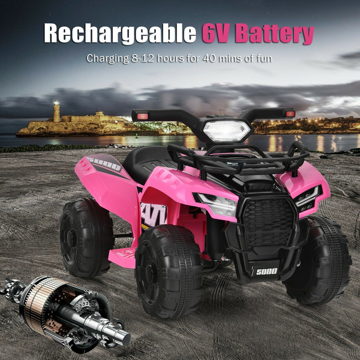 6V Kids ATV Quad Electric Ride On Car with LED Light and MP3-Pink view 3