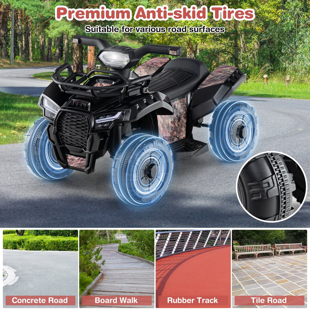 6V Kids ATV Quad Electric Ride On Car with LED Light and MP3-Solid Black view 9