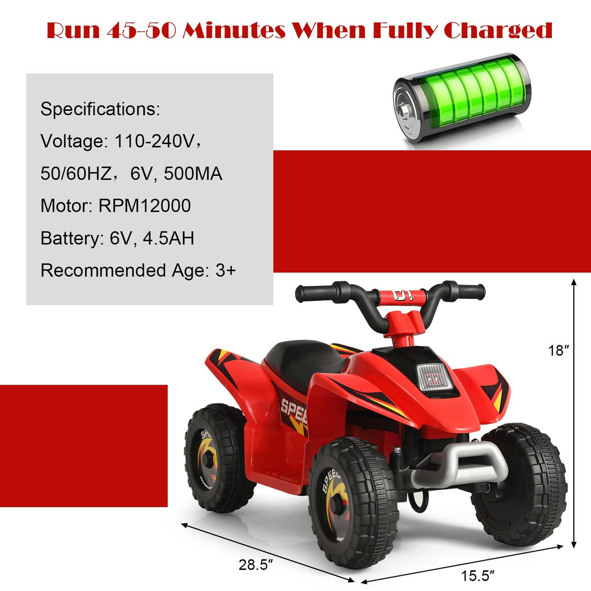 6V Kids Electric ATV 4 Wheels Ride-On Toy-Red view 5