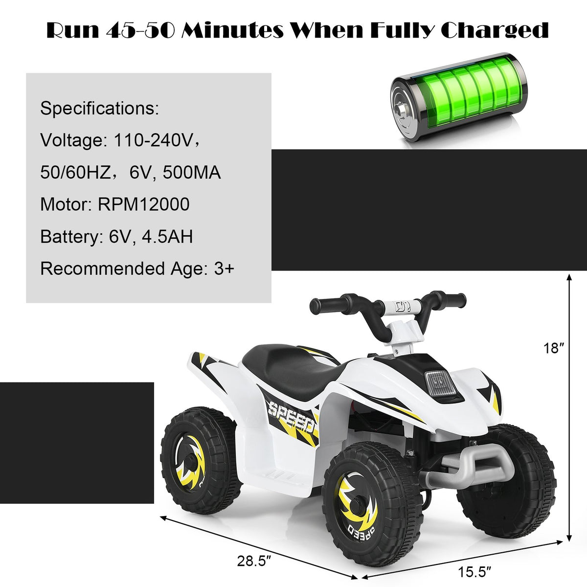 6V Kids Electric ATV 4 Wheels Ride-On Toy-White view 5