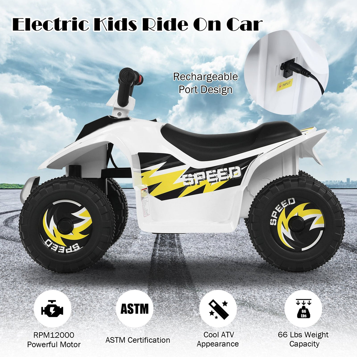 6V Kids Electric ATV 4 Wheels Ride-On Toy-White view 7